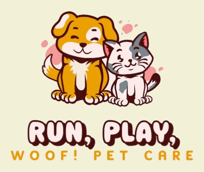 Run, Play, WOOF! Pet Care logo, featuring a dog and cat illustration